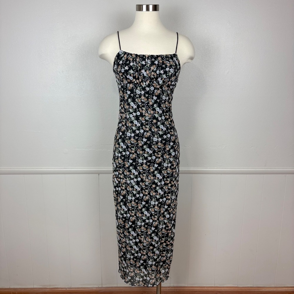 No Comment Mesh Midi Dress Size M Black Floral Ruched Bust Milkmaid Whimsigoth‎